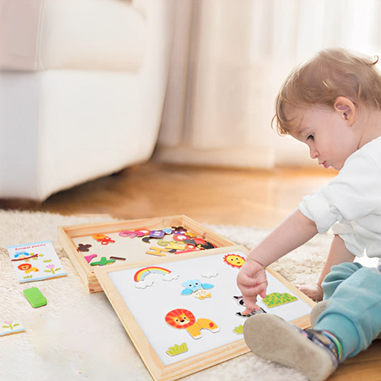 Casse-Tête Multifonctionnel, Bois Massif, Motif Animal et Dessin Magnétique, Jouer et Éducation des Enfants